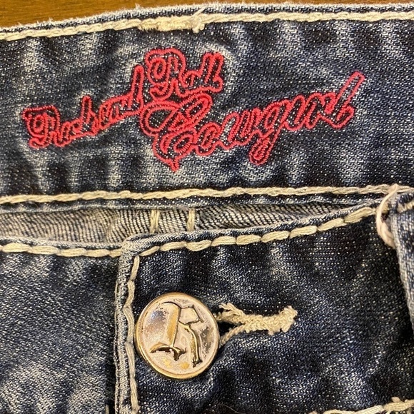 Rock & Roll Cowgirl 30 (11) Denim Mini Skirt Embellished Logo Stretch Low Rise - Picture 7 of 13